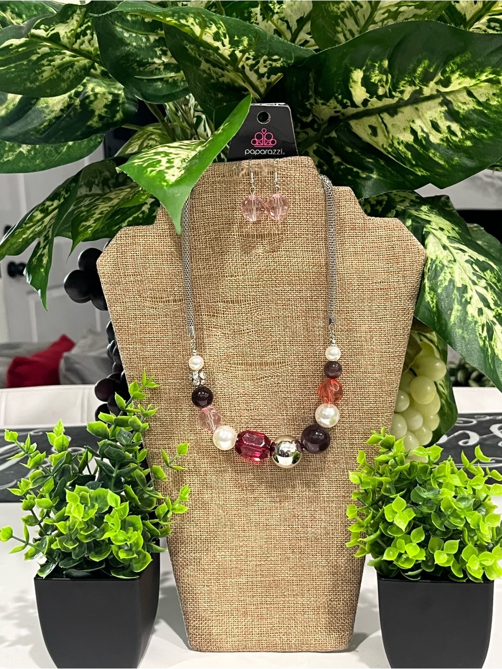 paparazzi Pink and Purple Mixed Bead Statement Necklace with Dangle Earrings